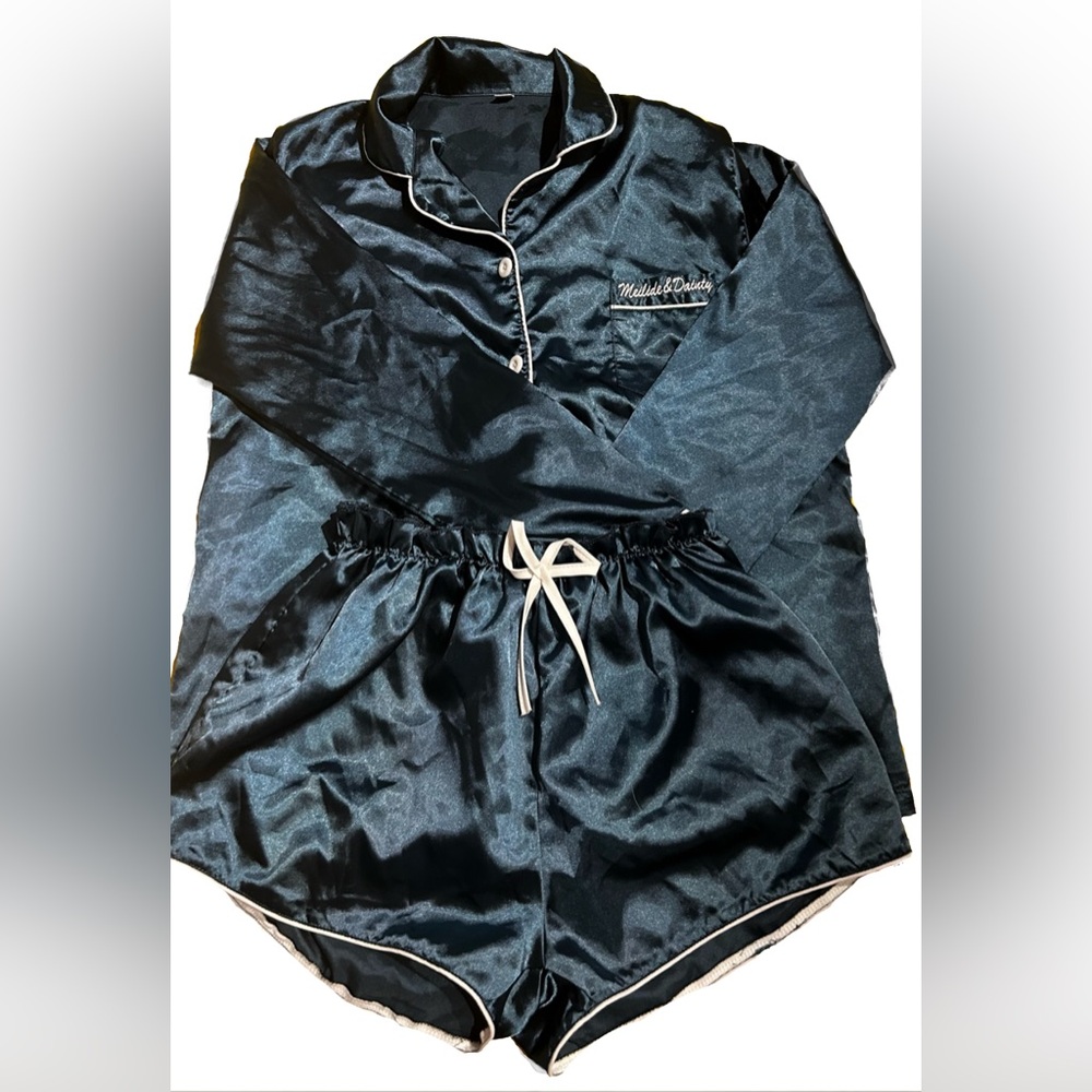 Women's Satin Pajama Set Teal Blue Medium